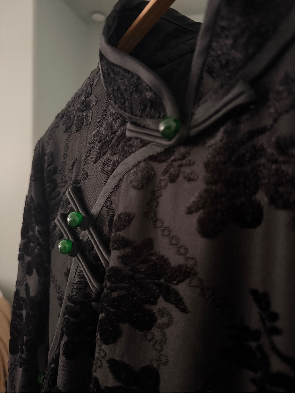 Black Brocade Mandarin Collar Maxi Dress with Green Button Accents